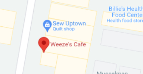 A map of weeze 's cafe and sew uptown quilt shop