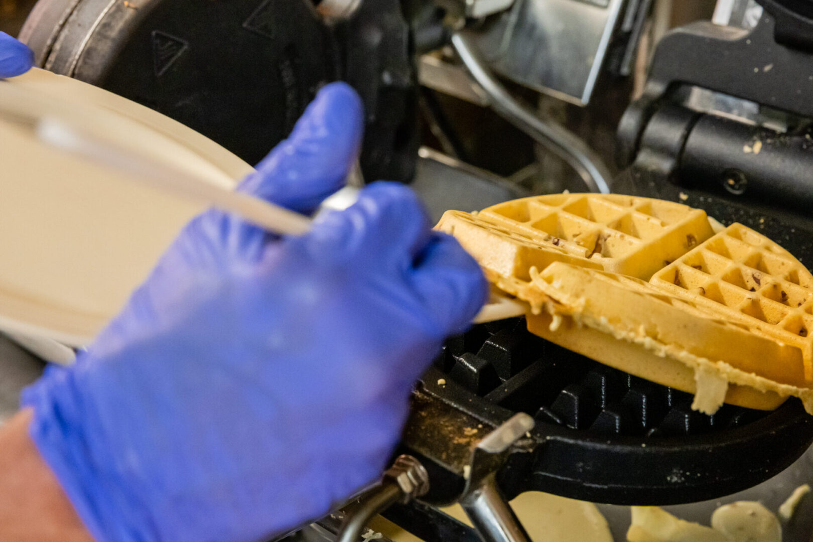 A person in blue gloves is making waffles.